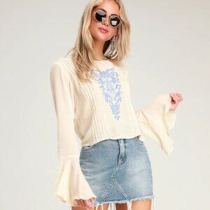 Lulu's Whitney Cream Embroidered Bell Sleeve Top NWT